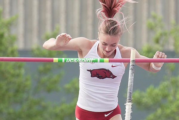 Arkansas pole vaulter Amanda Fassold competes during the SEC Outdoor Track and Field Championships on Friday, May 12, 2023, in Baton Rouge, La.