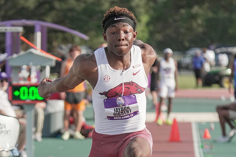 Arkansas' Jaydon Hibbert jumps at the SEC Outdoor Track and Field Championships in Baton Rouge, La., on May 13, 2023.