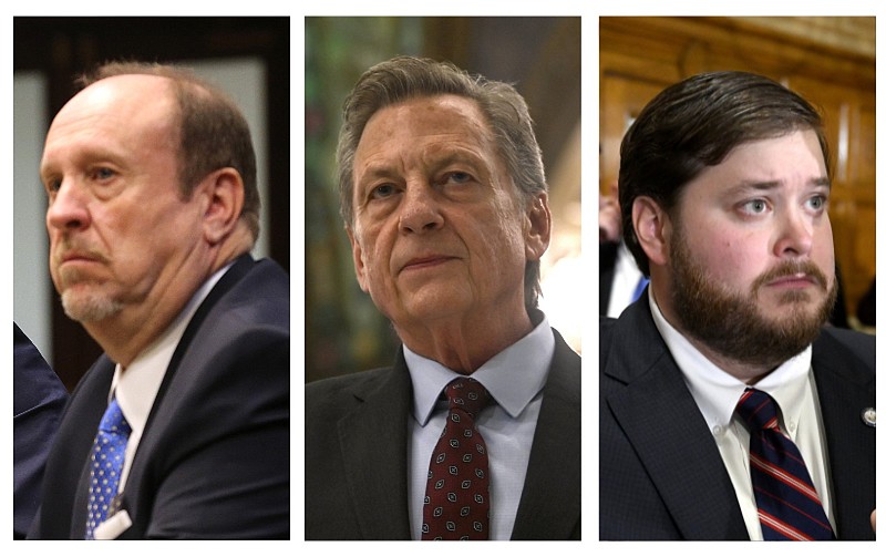 From left, Gregg Parrish, executive director of the Arkansas Public Defender Commission; Mac Carder, chief public defender for Arkansas' 6th Judicial District (Pulaski and Perry counties); and Arkansas state Sen. Ben Gilmore, R-Crossett, are shown in these undated file photos. (Left, Arkansas Democrat-Gazette/Thomas Metthe; center and right, Arkansas Democrat-Gazette/Stephen Swofford)