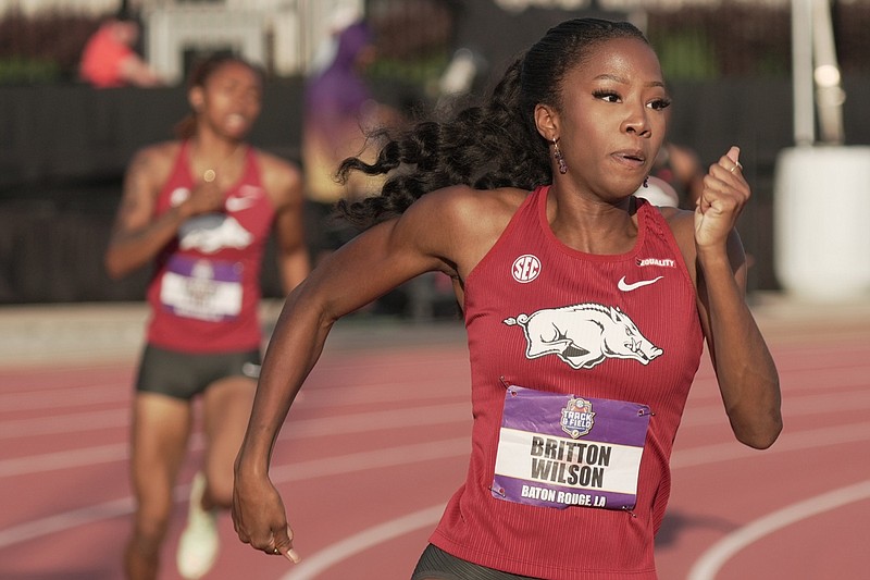 Arkansas' Britton Wilson runs in the 400 meters at the SEC Outdoor Track and Field Championships on May 13, 2023, in Baton Rouge, La.
