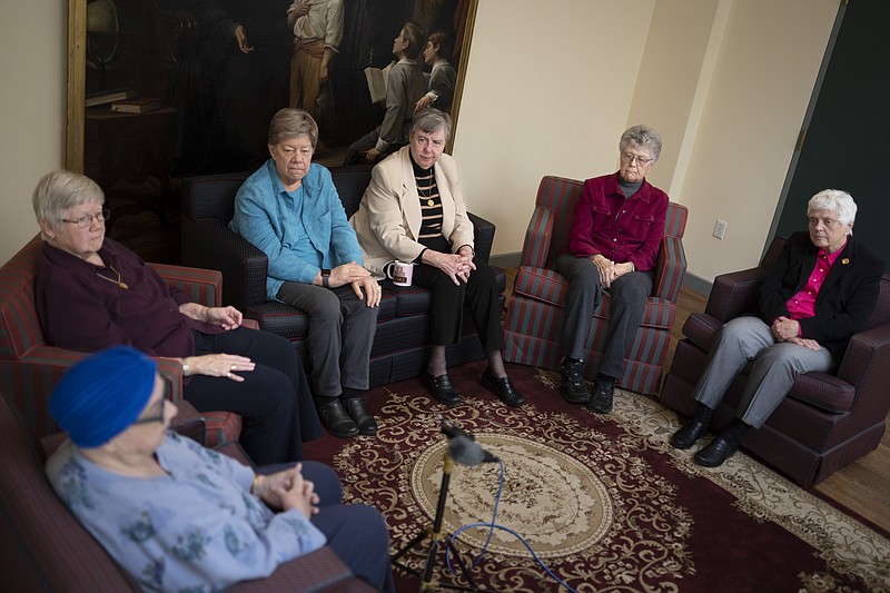 From left, Sisters Claire E. Regan, Dorothy Metz, Donna Dodge, Margaret M. O'Brien, Margaret Egan, and Sheila Brosnan, all members of the leadership council of the Sisters of Charity, are interviewed as a group, at the College of Mount Saint Vincent, a private Catholic college in the Bronx borough of New York, on Tuesday, May 2, 2023. In more than 200 years of service, the Sisters of Charity of New York have cared for orphans, taught children, nursed the Civil War wounded and joined Civil Rights demonstrations. Last week, the Catholic nuns decided that it will no longer accept new members in the United States and will accept the "path of completion." (AP Photo/John Minchillo)