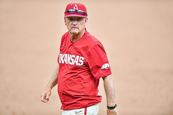 Arkansas coach Dave Van Horn is shown during a game against South Carolina on Sunday, May 14, 2023, in Fayetteville.