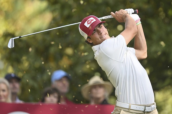 Arkansas golfer Manuel Lozada on the 13th tee during an NCAA golf tournament on Wednesday, Oct. 5, 2022, in Johnson. (AP Photo/Michael Woods).