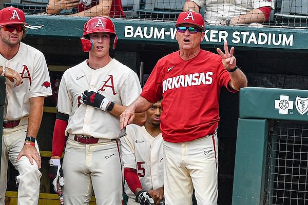 Arkansas baseball coach Dave Van Horn is shown during a game against South Carolina on Sunday, May 14, 2023, in Fayetteville.