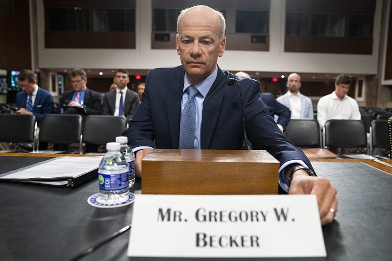 Gregory Becker, former CEO of Silicon Valley Bank, arrives to testify to a Senate Banking, Housing, and Urban Affairs hearing examining the failures of Silicon Valley Bank and Signature Bank, Tuesday, May 16, 2023, on Capitol Hill in Washington. (AP Photo/Jacquelyn Martin)