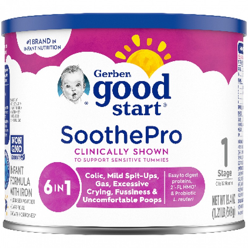 This photo released by the U.S Food and Drug Administration on March 17, 2023, shows Gerber Good Start SootheProTM Powdered Infant Formula. In March, the Perrigo Company issued a voluntary recall of certain lots of the infant formula “out of an abundance of caution” due to the possible presence of Cronobacter sakazakii, a germ that can cause serious or deadly infections in infants. The infant formula recalled over potential bacteria contamination was distributed to retailers across eight states even after the recall begun, according to a release published by the U.S. Food and Drug Administration on May 14, 2023. (U.S Food and Drug Administration via AP)