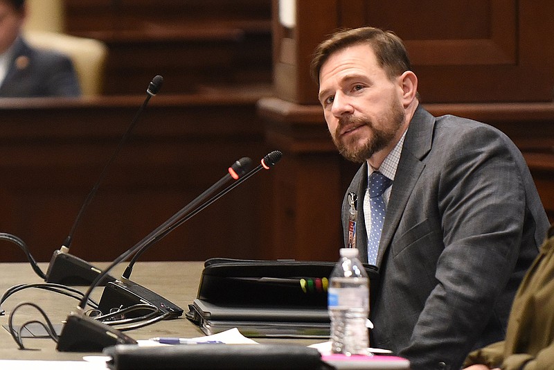 Aaron Black, budget director in Gov. Sarah Huckabee Sanders’ office and the state Department of Finance and Administration, responds to questions from state legislators in this Jan. 19, 2023 file photo. Black resigned Friday, citing personal reasons. (Arkansas Democrat-Gazette/Staci Vandagriff)