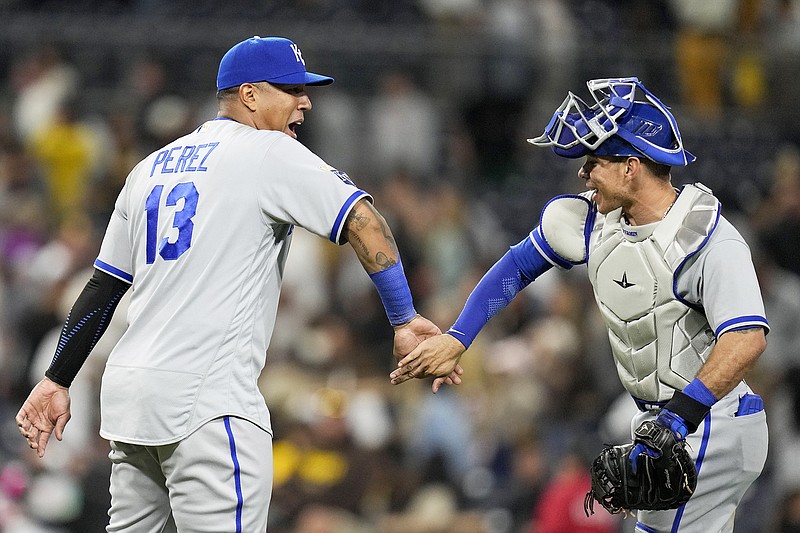 Catcher Salvador Perez of the Kansas City Royals celebrates while