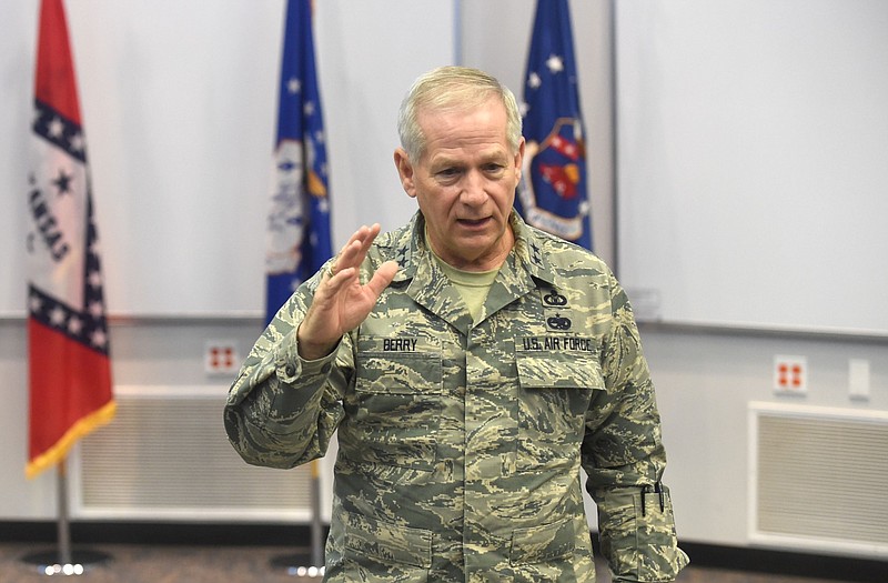 Maj. Gen. Mark Berry, then the adjutant general with the Arkansas National Guard, speaks during a media briefing in Fort Smith in this Sept. 29, 2016 file photo. Berry retired in 2019 as the first secretary of the Arkansas Military Department, then announced his bid for the state House of Representatives in September 2019. Berry announced on Thursday, May 18, 2023 that he would not seek a third term in the state House. (NWA Democrat-Gazette file photo)
