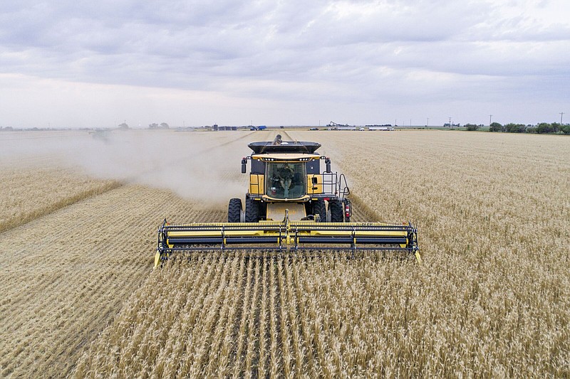 Hard red winter wheat is harvested with a CNH Industrial New Holland combine harvester in this aerial photograph taken above Plainville, Kan., in 2017.
(Bloomberg (WPNS)/Daniel Acker)