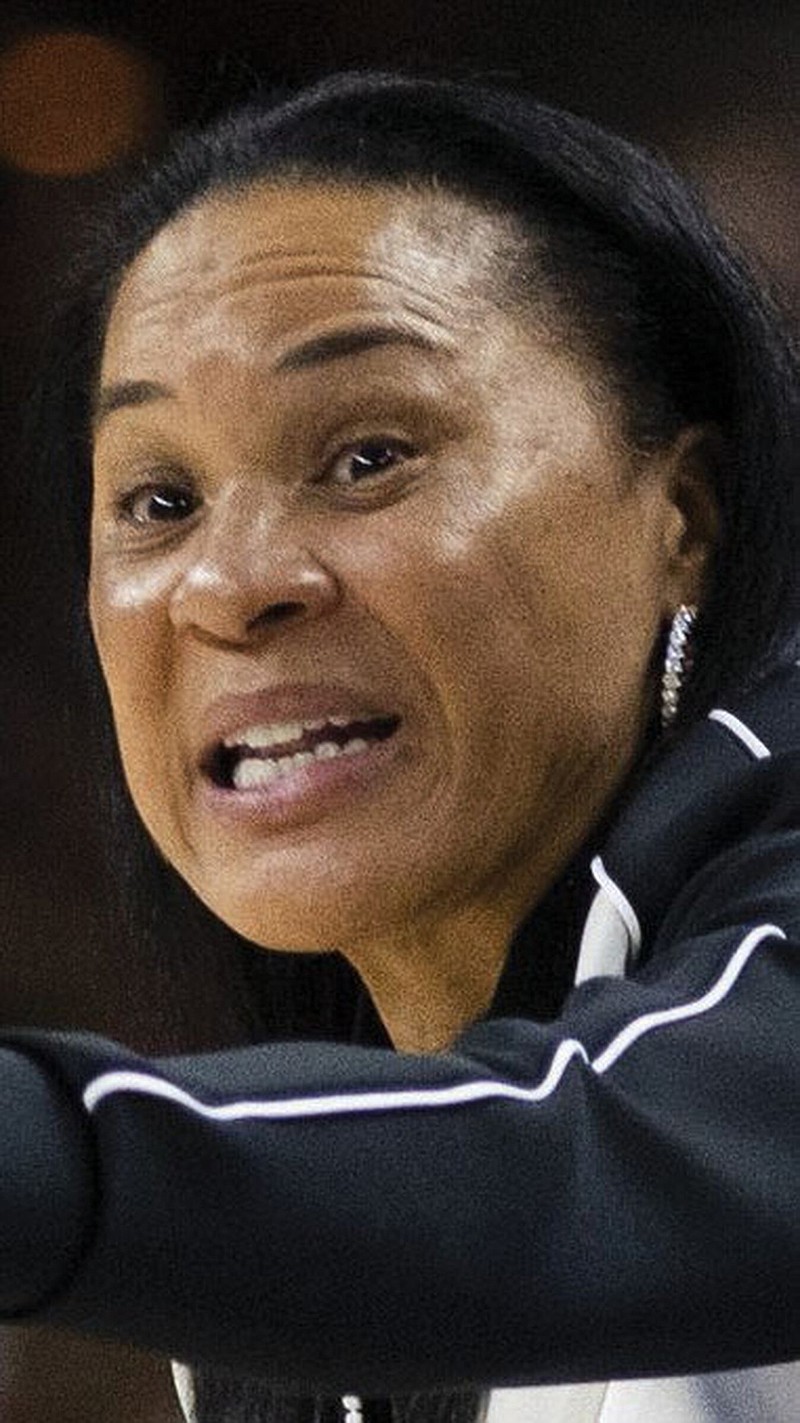 South Carolina's head coach Dawn Staley gestures on the sideline during the first half of a Sweet 16 college basketball game against UCLA at the NCAA Tournament in Greenville, S.C., Saturday, March 25, 2023. 
(AP Photo/Mic Smith)