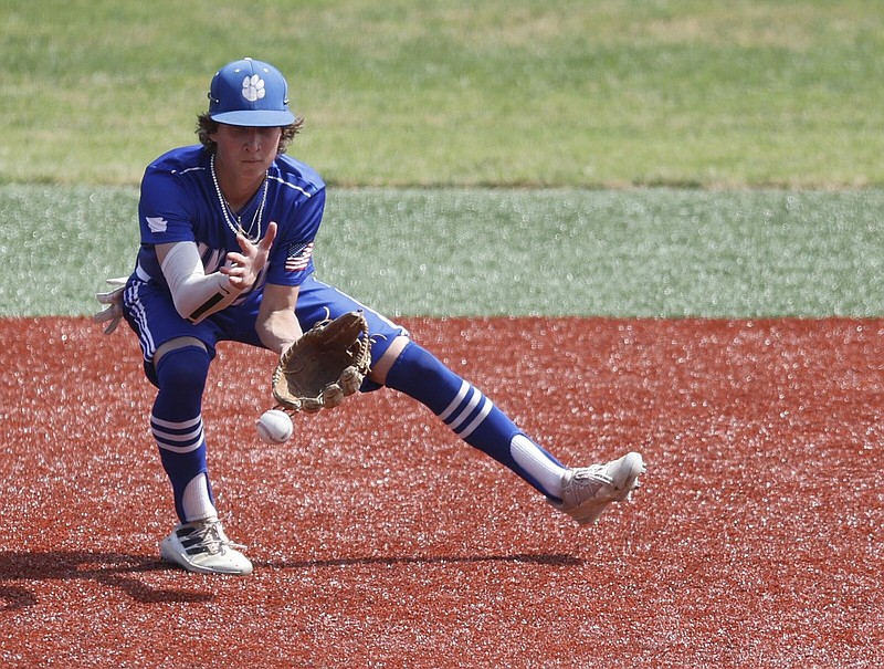 Taylor shortstop Waylon Woodell went 2 for 2 with 5 RBI to lead the Tigers to a 9-3 victory over Mount Ida for the Class 1A baseball state championship Thursday in Conway. More photos at arkansasonline.com/519baseball1a/
(Arkansas Democrat-Gazette/Thomas Metthe)