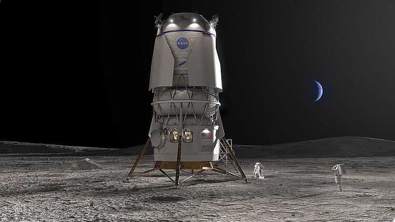 The Blue Moon lander is show on the surface of the moon. Jeff Bezos’ Blue Origin received a $3.4 billion contract Friday, to develop a lunar lander named Blue Moon.
(Blue Origin via AP)