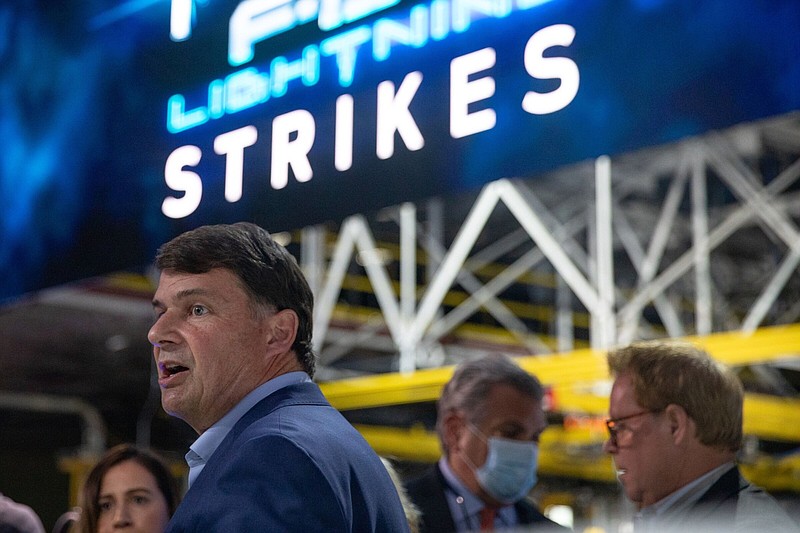 James Farley, president and chief executive officer of Ford Motor Co., speaks to members of the media following a launch event for the 2022 Ford F-150 Lightning all-electric truck at the Rouge Electric Vehicle Center in Dearborn, Mich., last year.
(Bloomberg/Emily Elconin)