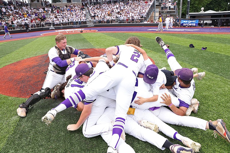 Lonoke players celebrate after their Class 4A baseball championship victory over Ashdown on Friday afternoon at Bear Stadium in Conway. More photos at arkansasonline.com/520bball/4A/
(Arkansas Democrat-Gazette/Colin Murphey)