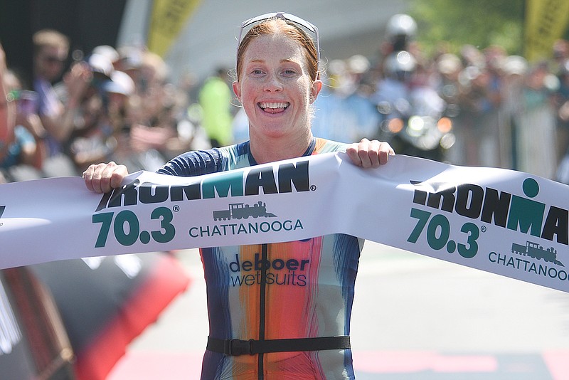 Staff photo by Matt Hamilton / Paula Findlay takes first place for pro women in the 2023 Ironman 70.3 Chattanooga triathlon on Sunday, May 21, 2023.