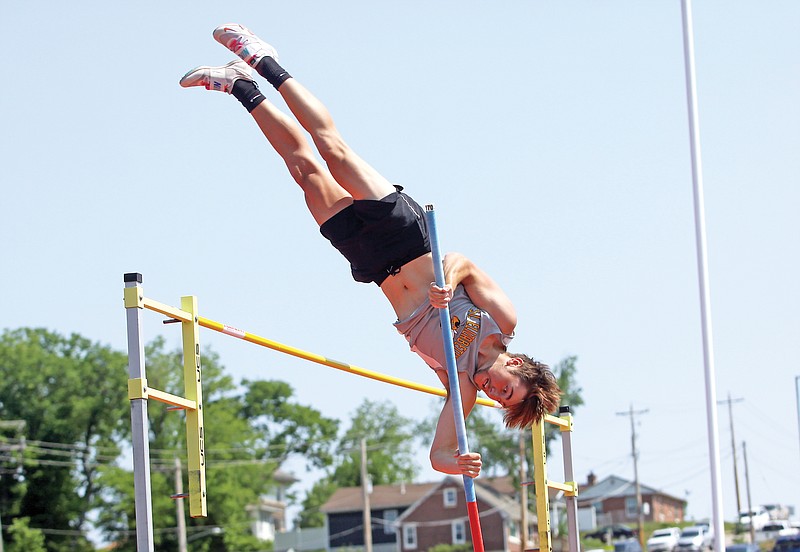 St. Elizabeth’s Kade Wright easily clears the bar during the boys pole vault Saturday in the Class 1 track and field state championships at Adkins Stadium. (Greg Jackson/News Tribune)