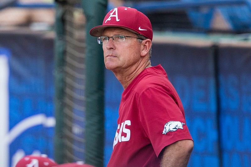 Dave Van Horn, Arkansas head coach, looks on in the 4th inning vs Georgia Thursday, May 23, 2019, during the SEC Baseball Tournament at Hoover Metropolitan Stadium in Hoover, Ala.