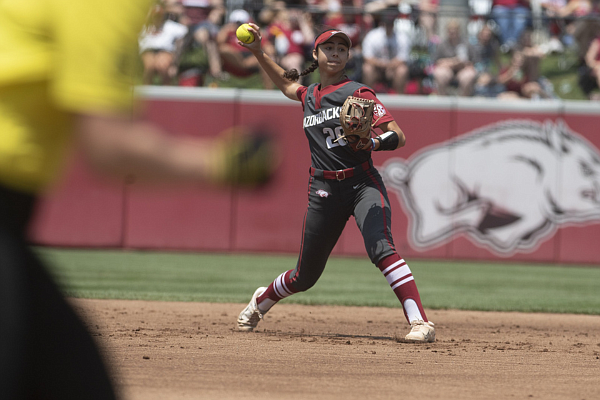 Arkansas' Atalyia Rijo fields a hit against Oregon on Saturday, May 20, 2023, during the NCAA Fayetteville Regional at Bogle Park.