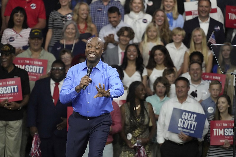 Sen. Tim Scott, R-S.C. Scott gives remarks at his presidential campaign announcement event at his alma mater, Charleston Southern University, on Monday, May 22, 2023, in North Charleston, S.C. Scott formalized his bid last week with federal campaign paperwork. (AP Photo/Meg Kinnard)