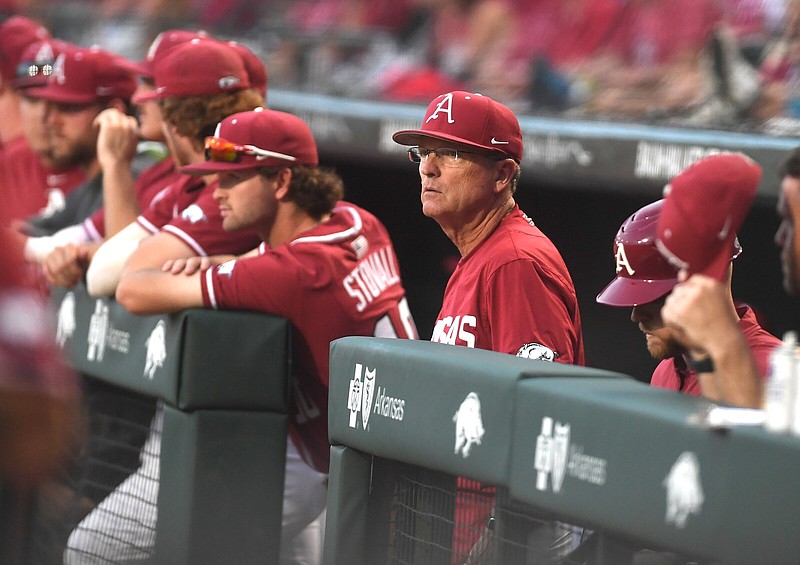 Arkansasâ€™ head coach Dave Van Horn watches from the dugout Saturday May 13, 2023 during the Hogs against South Carolina at Baum/Walker Stadium in Fayetteville.  Visit nwaonline.com/photo for today's photo gallery.   (NWA Democrat-Gazette/J.T. Wampler).