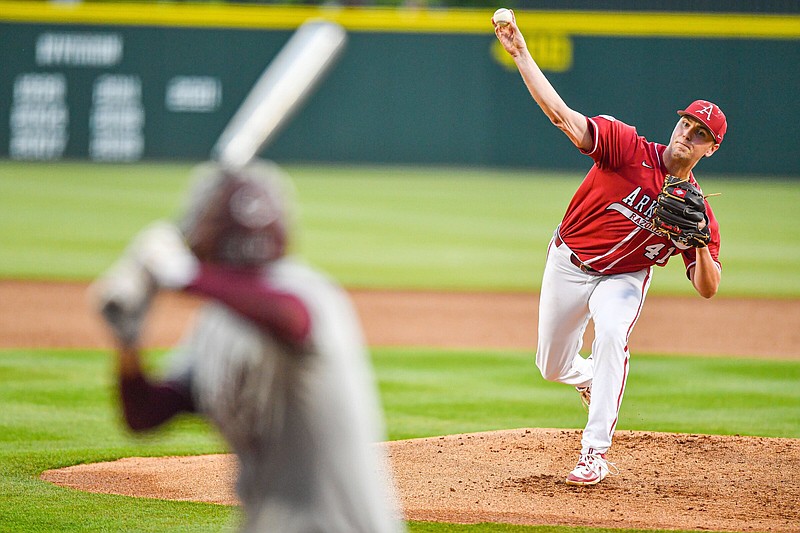 Arkansas relief pitcher Will McEntire (41) delivers to the plate, Friday, April 28, 2023, during the second inning of the Razorbacks’ baseball game against the Texas A&M Aggies at Baum-Walker Stadium in Fayetteville. Visit nwaonline.com/photo for today's photo gallery..(NWA Democrat-Gazette/Hank Layton)