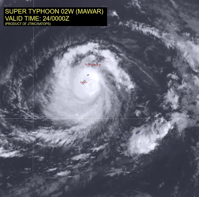 This infrared satellite image shows Typhoon Mawar as it approached Guam on Wednesday.
(AP/Joint Typhoon Warning Center)