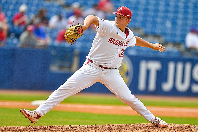 Arkansas reliever Zack Morris pitched five innings, giving up only three hits and one earned run and striking out five, replacing starter Cody Adcock in the third inning with Texas A&M up by three runs.
(Arkansas Democrat-Gazette/Hank Layton)