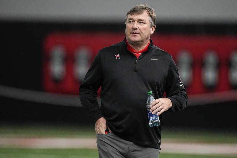 AP photo by John Bazemore / Georgia football coach Kirby Smart watches his former players during the Bulldogs' on-campus pro day on March 15.