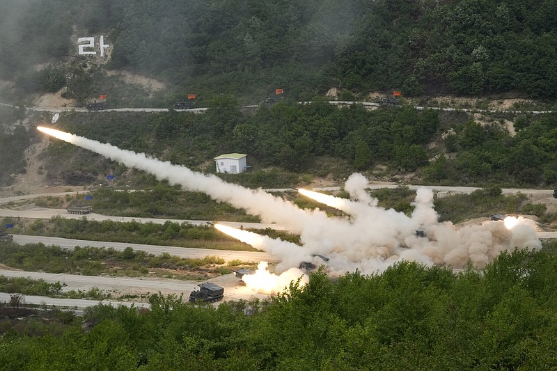 The South Korean army’s multiple launch rocket systems fire rockets during South Korea-U.S. joint military drills Thursday at Seungjin Fire Training Field in Pocheon, South Korea.
(AP/Ahn Young-joon)