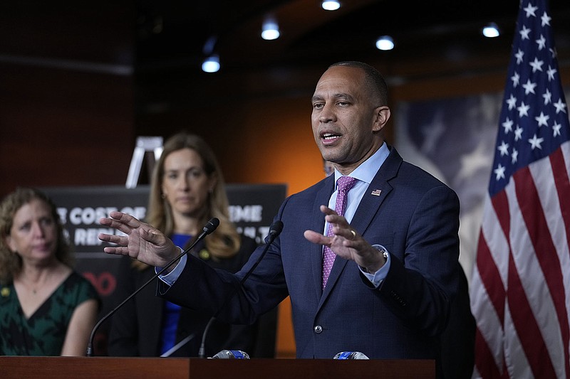 House Minority Leader Hakeem Jeffries criticizes “extreme” Republicans on Thursday for risking default as Congress begins a long holiday weekend. “Republicans have chosen to get out of town before sundown,” he said.
(AP/J. Scott Applewhite)