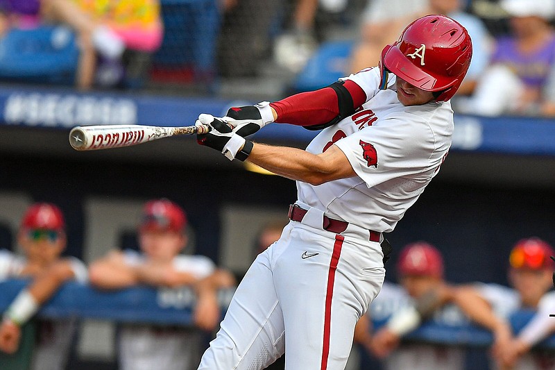 Arkansas right fielder Jace Bohrofen hits a two-run single during the fourth inning of the Razorbacks’ 5-4 victory over LSU during the SEC Baseball Tournament on Thursday at the Hoover Metropolitan Stadium in Hoover, Ala. Despite recent struggles, Bohrofen is the team’s leading hitter this season at .326.
(NWA Democrat-Gazette/Hank Layton)