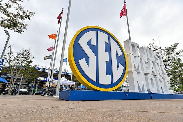 The entrance to Hoover Metropolitan Stadium is shown prior to an SEC Tournament game between Arkansas and LSU on Thursday, May 25, 2023, in Hoover, Ala.