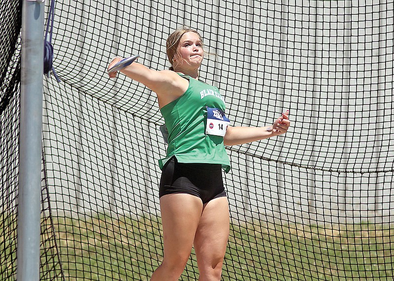 Abbigail Wieberg of Blair Oaks throws her final attempt in the girls discus Friday during the Class 3 track and field state championships at Adkins Stadium. (Greg Jackson/News Tribune)