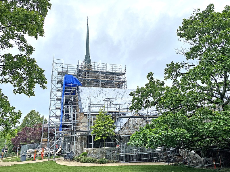 Staff Photo by Robin Rudd / The steeple of Lookout Mountain Presbyterian Church rises above the scaffolding.  The historic Lookout Mountain Presbyterian Church is undergoing a massive renovation.  The Times Free Press visited the site on May 11, 2023.