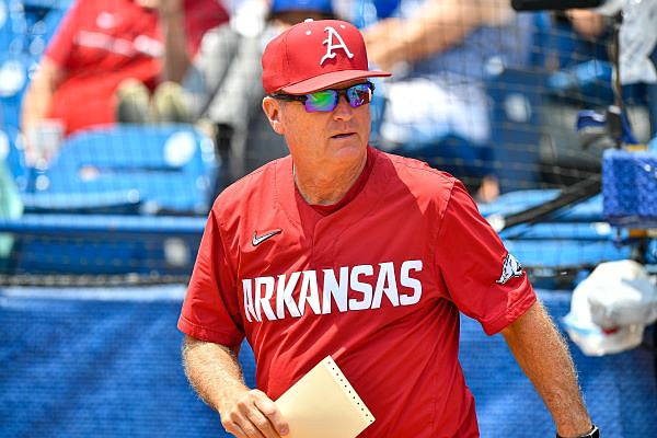 Arkansas head coach Dave Van Horn walks onto the field to exchange lineup cards, Saturday, May 27, 2023, before the Razorbacks’ 5-4 loss to the Texas A&M Aggies in the semifinals of the 2023 SEC Baseball Tournament at the Hoover Metropolitan Complex in Hoover, Ala. Visit nwaonline.com/photo for today's photo gallery....(NWA Democrat-Gazette/Hank Layton)