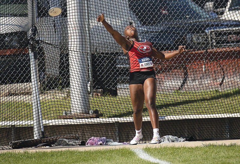 Stevenette Smauels of Jefferson City throws the discus during the Class 4 track and field state championships Friday at Adkins Stadium. (Josh Cobb/News Tribune)