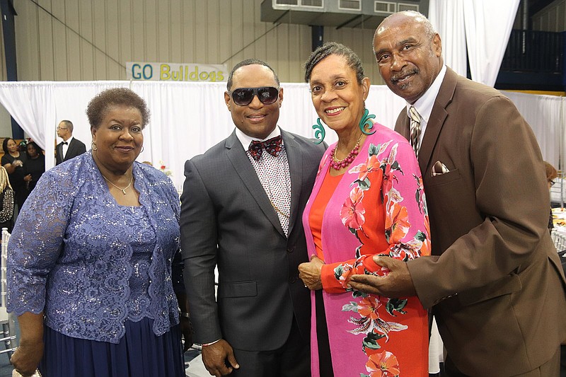 The Rev. Monty Royster (second from left), master of ceremonies and pastor of Union AME Church in Little Rock, with Annetta Wilks-Banks and Saundra and Luther Nunn at the Shorter College Gala, held May 12, 2023, in the college's Henry A. Belin Metroplex in North Little Rock.
(Arkansas Democrat-Gazette/Helaine R. Williams)