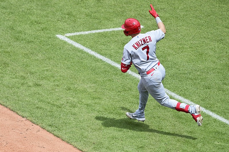 Andrew Knizner of the Cardinals runs the bases after hitting a solo home run off Guardians pitcher Hunter Gaddis during the fifth inning of Sunday afternoon's game in Cleveland. (Associated Press)