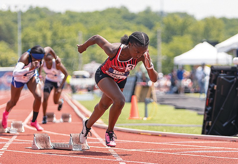 Jefferson City's Seleena Morris breaks out of the starting blocks in the girls 400-meter dash final Saturday in the Class 4 track and field state championships at Adkins Stadium. (Josh Cobb/News Tribune)