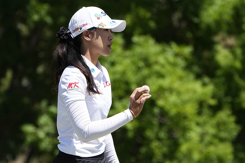 Pajaree Anannarukarn motions after sinking a putt on the 13th green Sunday during the final day of the LPGA Bank of Hope Match Play in North Las Vegas, Nev. (Associated Press)