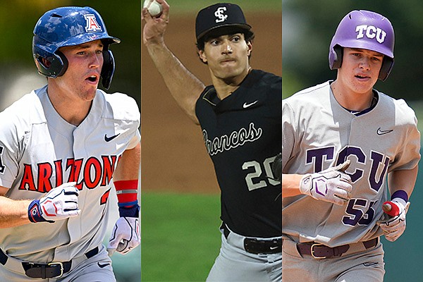 From left to right, Mac Bingham of Arizona, Skylar Hales of Santa Clara and Brayden Taylor of TCU are among the players to watch at the 2023 NCAA Fayetteville Regional. (AP Photos)