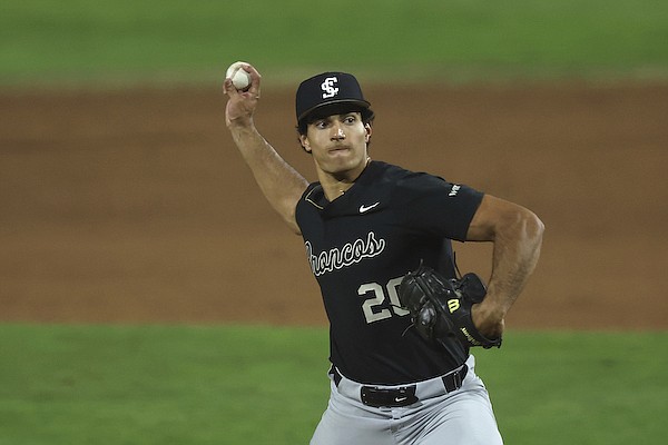 Skylar Hales (20) of Santa Clara pitches during an NCAA baseball game against Stanford on Tuesday, March 7, 2023 in Stanford, Calif. (AP Photo/Lachlan Cunningham)