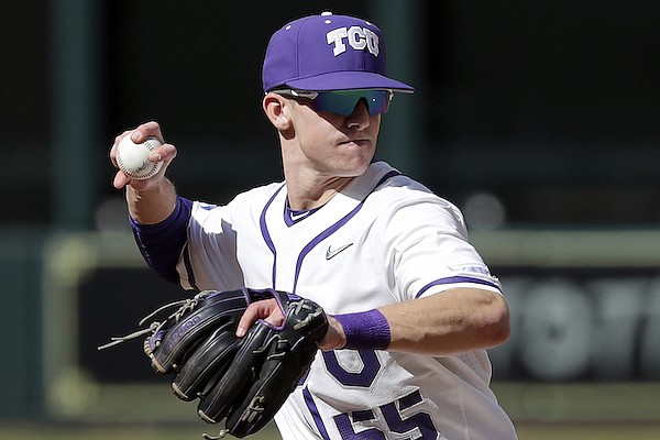 Texas Christian infielder Brayden Taylor during an NCAA baseball game against Louisville on Saturday, March 4, 2023, in Houston. (AP Photo/Michael Wyke).