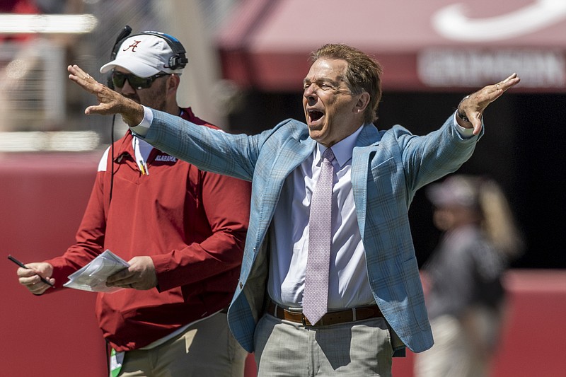 Alabama head coach Nick Saban yells instruction during the first half of Alabama's A-Day NCAA college football scrimmage, Saturday, April 22, 2023, in Tuscaloosa, Ala. (AP Photo/Vasha Hunt)