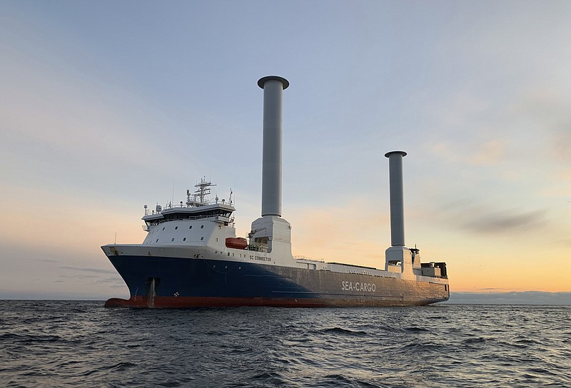 This 2021 photo shows the SC Connector, a freight-hauling vessel owned by the Norwegian company Sea-Cargo, sailing on the North Sea off the southwestern coast of Norway. The ship is equipped with two rotor sails manufactured by Finland-based Norsepower. The 38-yard-high (35-meter-high) rotors spin in the wind and help propel the vessel. It’s an example of new technologies helping the shipping industry reduce its greenhouse gas emissions. (Artur Sylwestrzak/Sea-Cargo via AP).