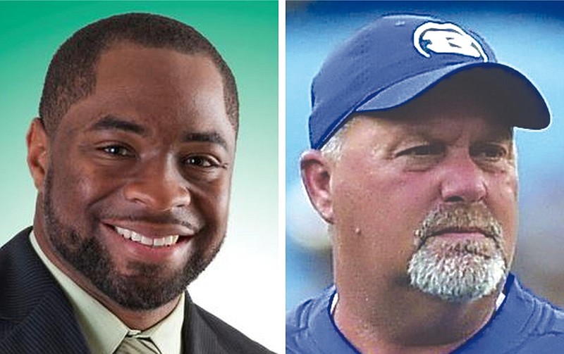Quad Sanders (left) and Buck James are shown in these undated file photos. Sanders was named the new head football coach at Bryant High School on Wednesday, May 31, 2023, during a special meeting of the Bryant school board. He replaces James, who resigned to take the same position at Conway. (Left, courtesy photo; right, special to the Democrat-Gazette/Jimmy Jones)