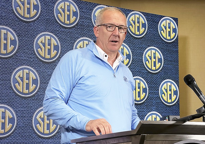 Southeastern Conference commissioner Greg Sankey speaks to reporters during the conference's spring meetings Tuesday in Destin, Fla. (Associated Press)