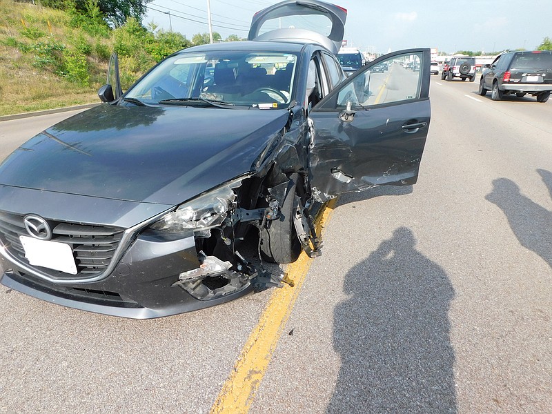 Jefferson City police report the driver of this car was taken into custody Wednesday evening, May 31, 2023, after it crashed into two other vehicles in the 2200 block of Missouri Boulevard. (JCPD photo)