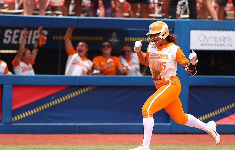 Tennessee Athletics photo / Rylie West celebrates her three-run homer that gave Tennessee a 10-2 lead during the fourth inning of Thursday afternoon's 10-5 downing of Alabama in the Women's College World Series opener in Oklahoma City.